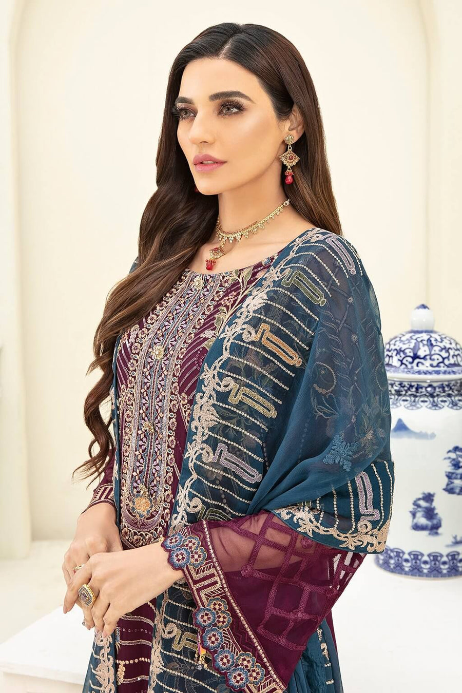 Ramsha Chevron Vol-03 Luxury Chiffon Collection 2021 3pc Suit A-303 - FaisalFabrics.pk