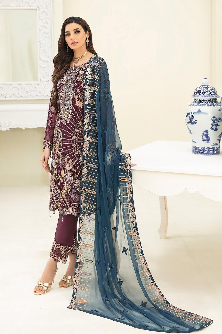 Ramsha Chevron Vol-03 Luxury Chiffon Collection 2021 3pc Suit A-303 - FaisalFabrics.pk