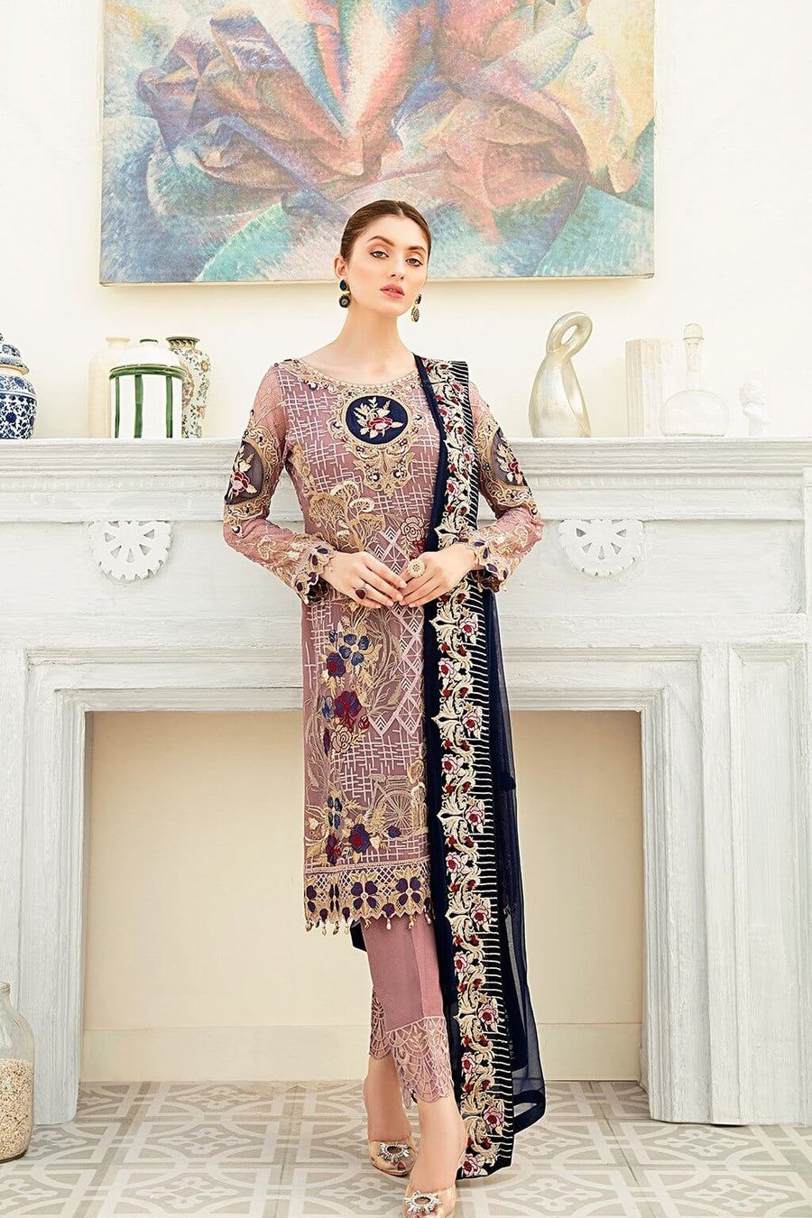Ramsha Luxury Embroidered Chiffon Unstitched 3Pc Suit F-1902 - FaisalFabrics.pk
