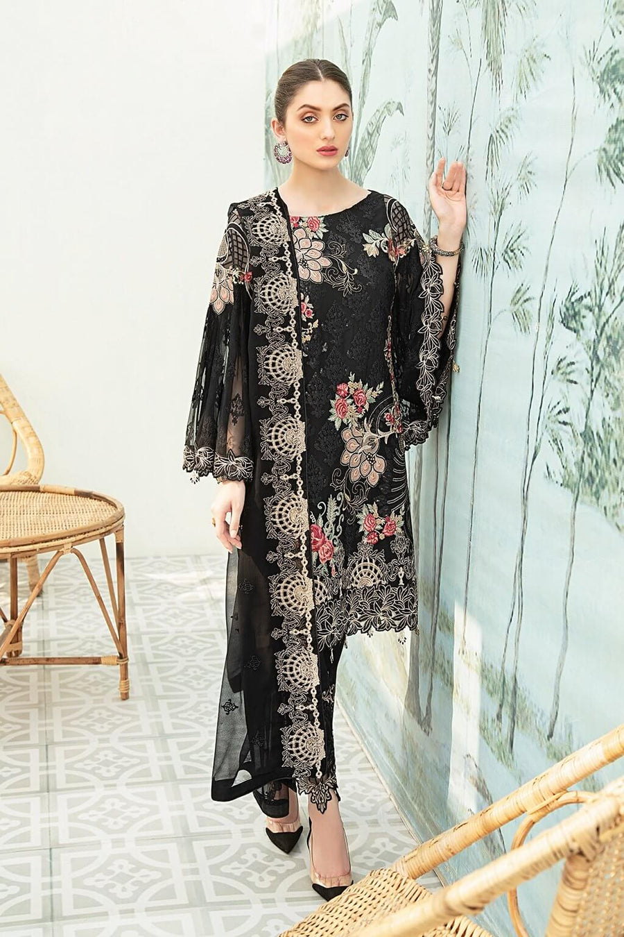 Ramsha Luxury Embroidered Chiffon Unstitched 3Pc Suit F-1907 - FaisalFabrics.pk