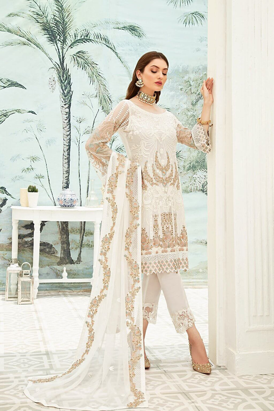 Ramsha Luxury Embroidered Chiffon Unstitched 3Pc Suit F-1910 - FaisalFabrics.pk