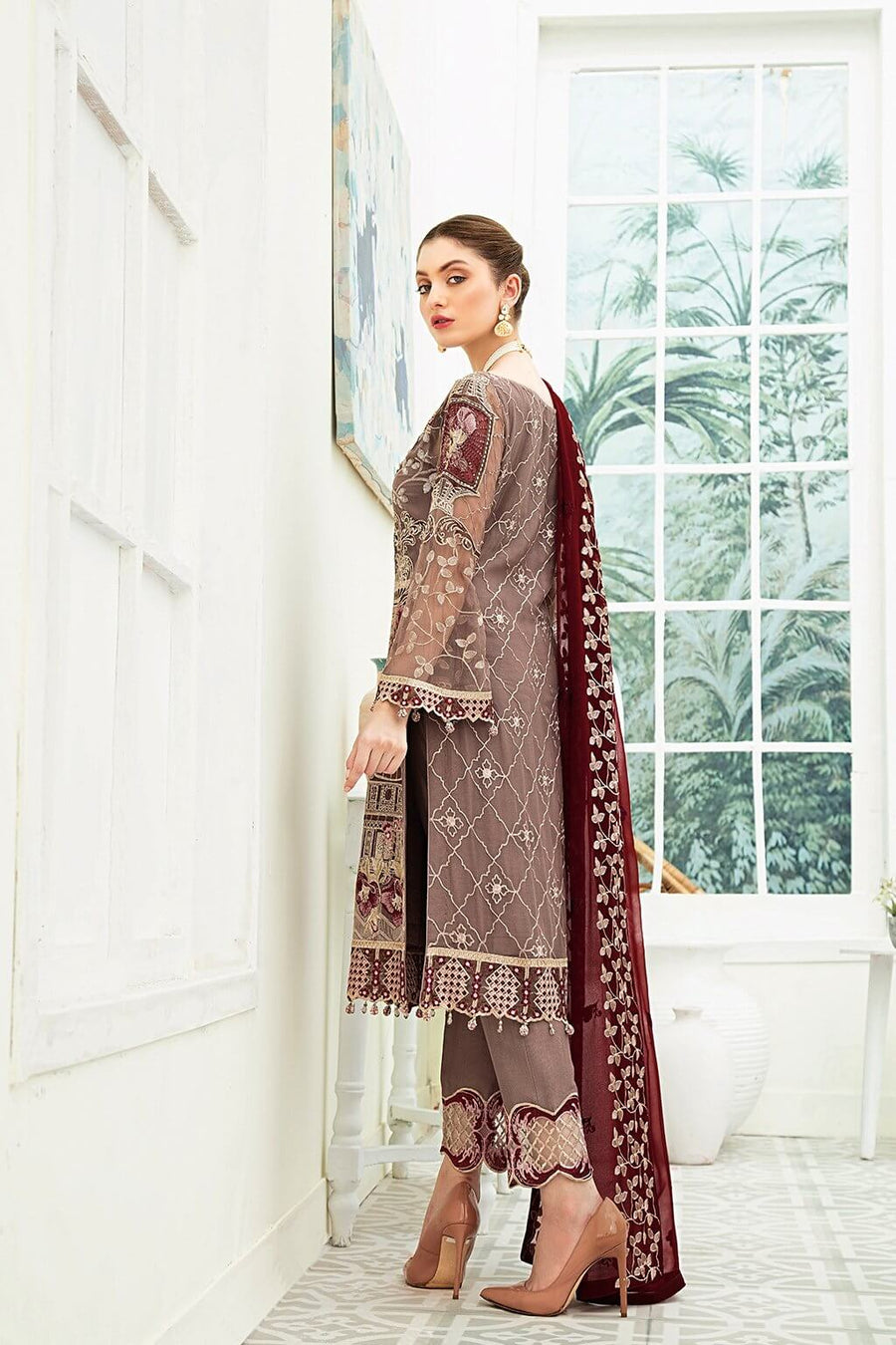 Ramsha Luxury Embroidered Chiffon Unstitched 3Pc Suit F-1911 - FaisalFabrics.pk