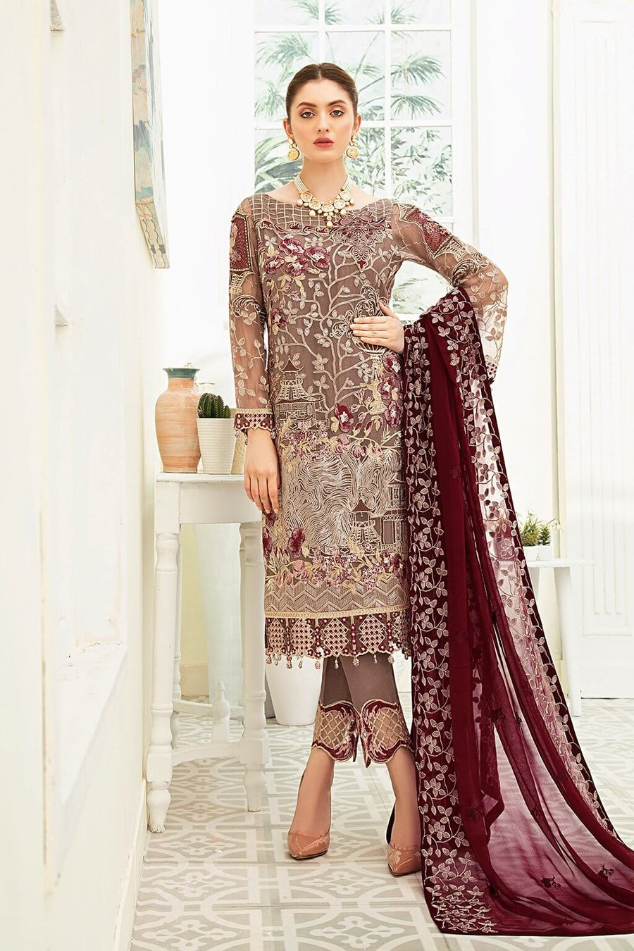 Ramsha Luxury Embroidered Chiffon Unstitched 3Pc Suit F-1911 - FaisalFabrics.pk