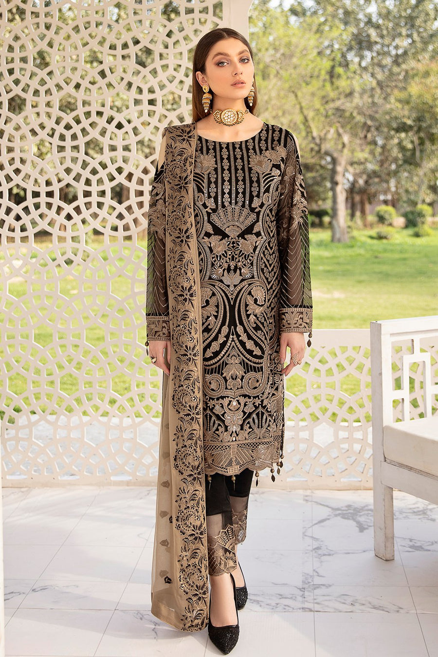 Ramsha Vol-20 Embroidered Luxury Chiffon Unstitched 3PCS Suit F-2001 - FaisalFabrics.pk