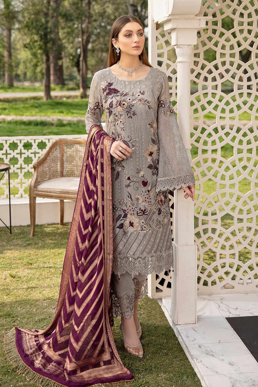 Ramsha Vol-20 Embroidered Luxury Chiffon Unstitched 3PCS Suit F-2006 - FaisalFabrics.pk