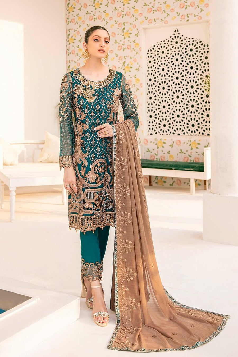 Ramsha Minhal Vol 3 Embroidered Chiffon Unstitched 3Pc Suit M-301 - FaisalFabrics.pk