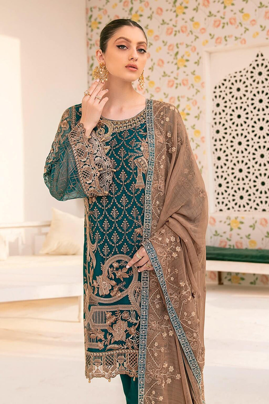 Ramsha Minhal Vol 3 Embroidered Chiffon Unstitched 3Pc Suit M-301 - FaisalFabrics.pk