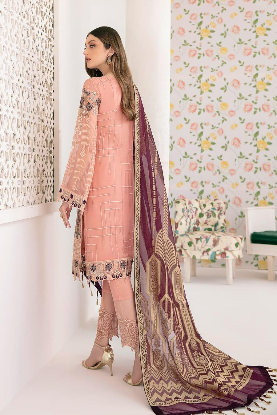 Ramsha Minhal Vol 3 Embroidered Chiffon Unstitched 3Pc Suit M-302 - FaisalFabrics.pk