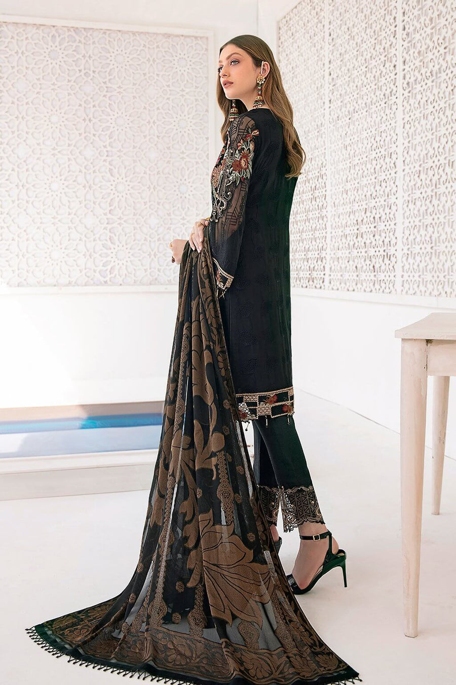 Ramsha Minhal Vol 3 Embroidered Chiffon Unstitched 3Pc Suit M-303 - FaisalFabrics.pk