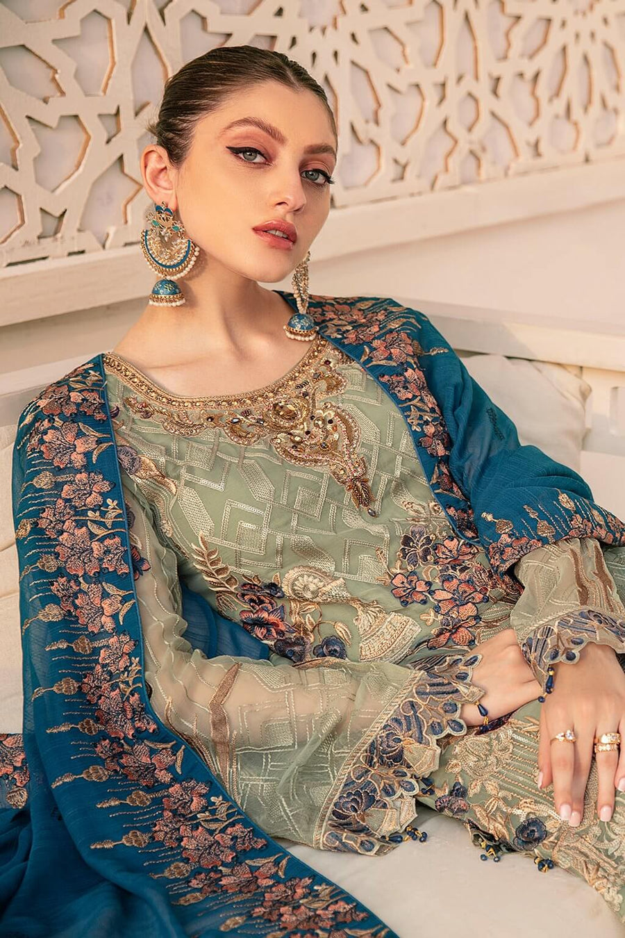 Ramsha Minhal Vol 3 Embroidered Chiffon Unstitched 3Pc Suit M-304 - FaisalFabrics.pk