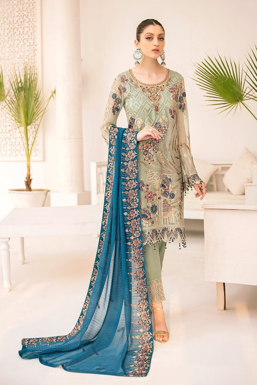 Ramsha Minhal Vol 3 Embroidered Chiffon Unstitched 3Pc Suit M-304 - FaisalFabrics.pk