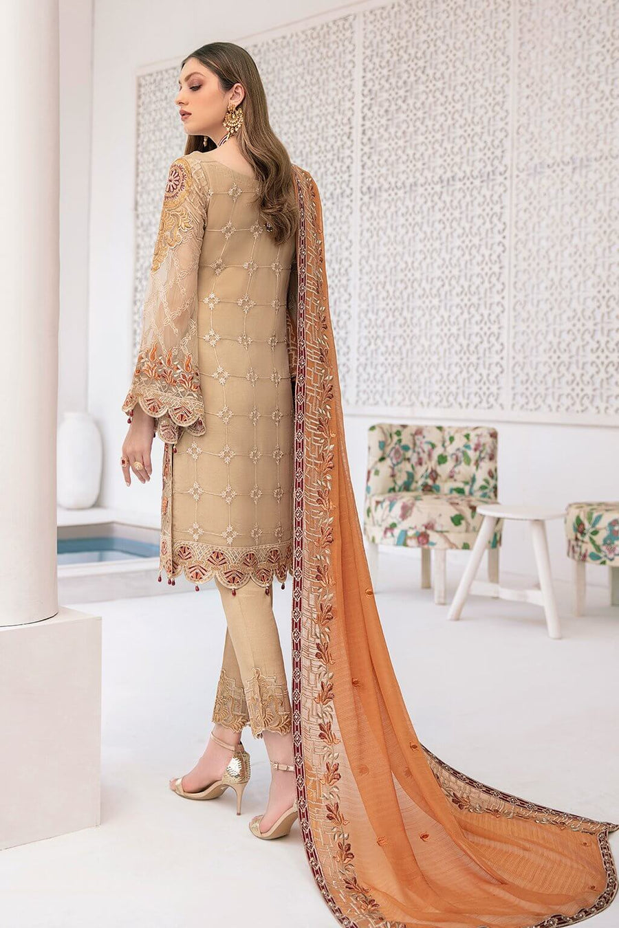Ramsha Minhal Vol 3 Embroidered Chiffon Unstitched 3Pc Suit M-305 - FaisalFabrics.pk