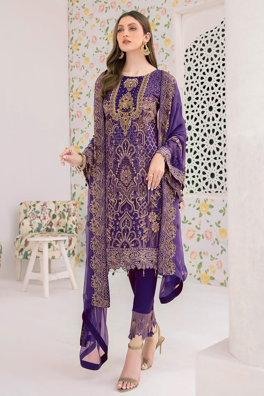 Ramsha Minhal Vol 3 Embroidered Chiffon Unstitched 3Pc Suit M-306 - FaisalFabrics.pk
