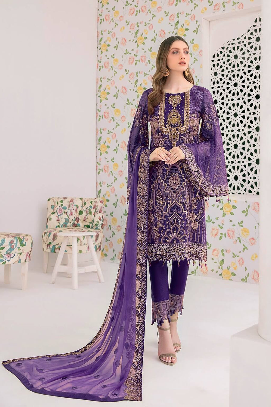 Ramsha Minhal Vol 3 Embroidered Chiffon Unstitched 3Pc Suit M-306 - FaisalFabrics.pk
