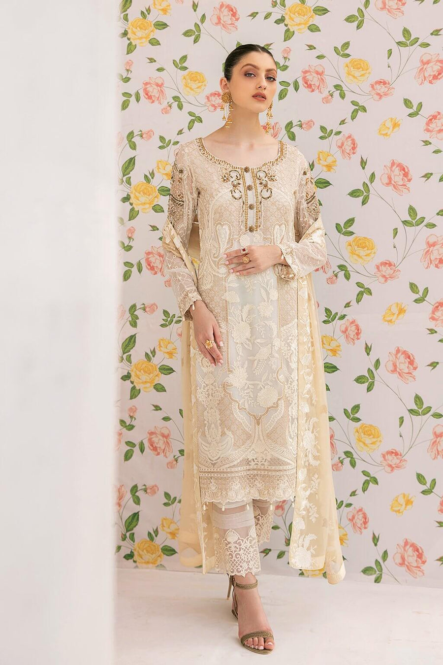 Ramsha Minhal Vol 3 Embroidered Chiffon Unstitched 3Pc Suit M-307 - FaisalFabrics.pk