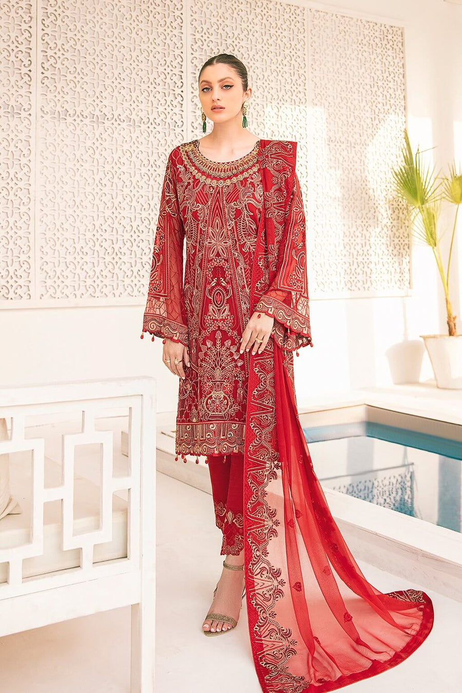 Ramsha Minhal Vol 3 Embroidered Chiffon Unstitched 3Pc Suit M-308 - FaisalFabrics.pk