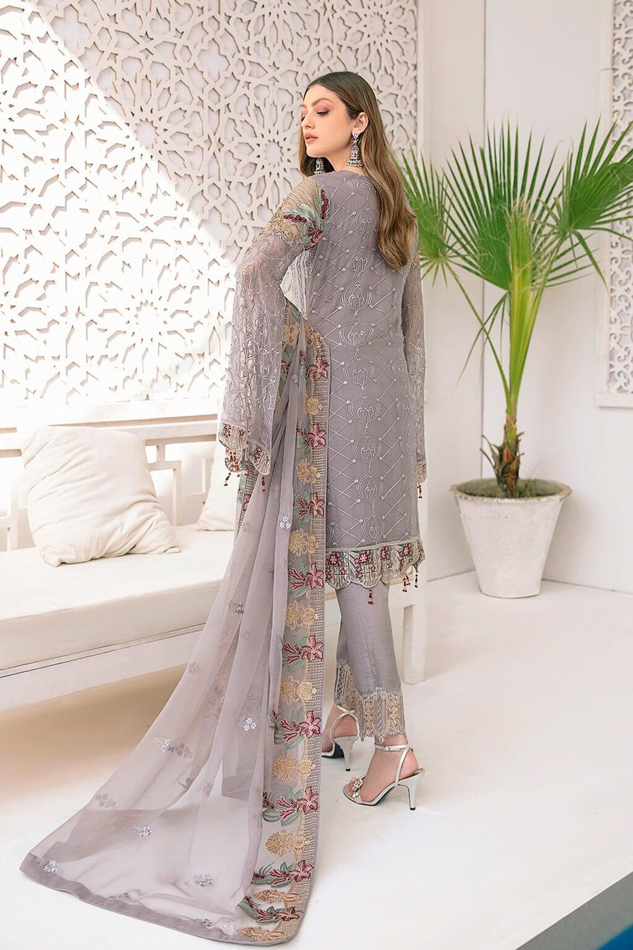 Ramsha Minhal Vol 3 Embroidered Chiffon Unstitched 3Pc Suit M-309 - FaisalFabrics.pk
