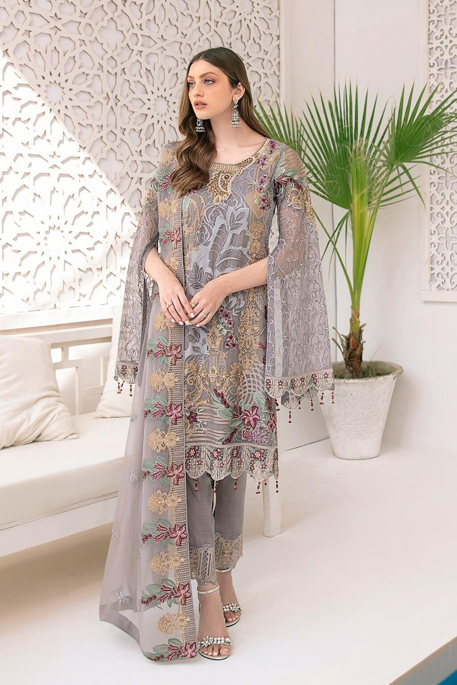 Ramsha Minhal Vol 3 Embroidered Chiffon Unstitched 3Pc Suit M-309 - FaisalFabrics.pk