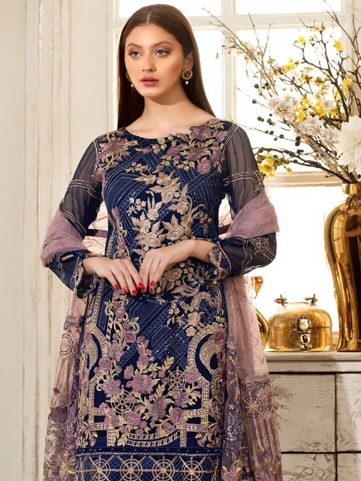 Ramsha Rangoon Luxury Chiffon Vol-4 Embroidered 3Pc Suit D-403 - FaisalFabrics.pk