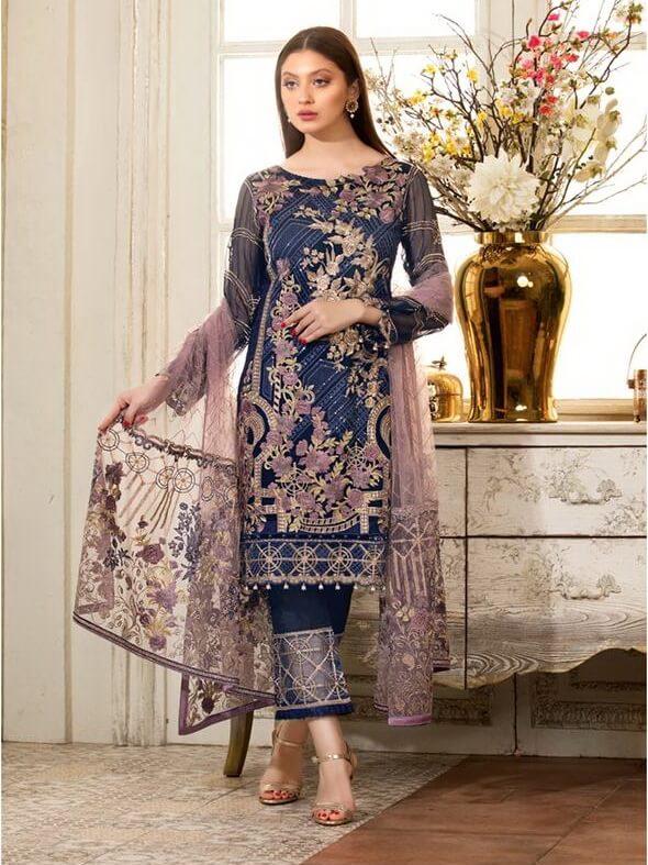 Ramsha Rangoon Luxury Chiffon Vol-4 Embroidered 3Pc Suit D-403 - FaisalFabrics.pk