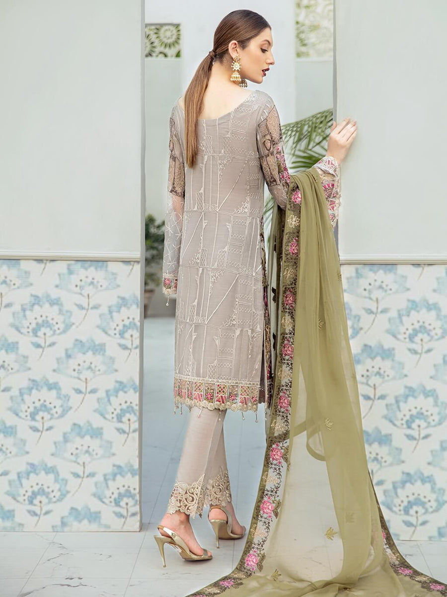 Ramsha Rangoon Luxury Chiffon Vol-6 Embroidered 3Pc Suit D-602 - FaisalFabrics.pk