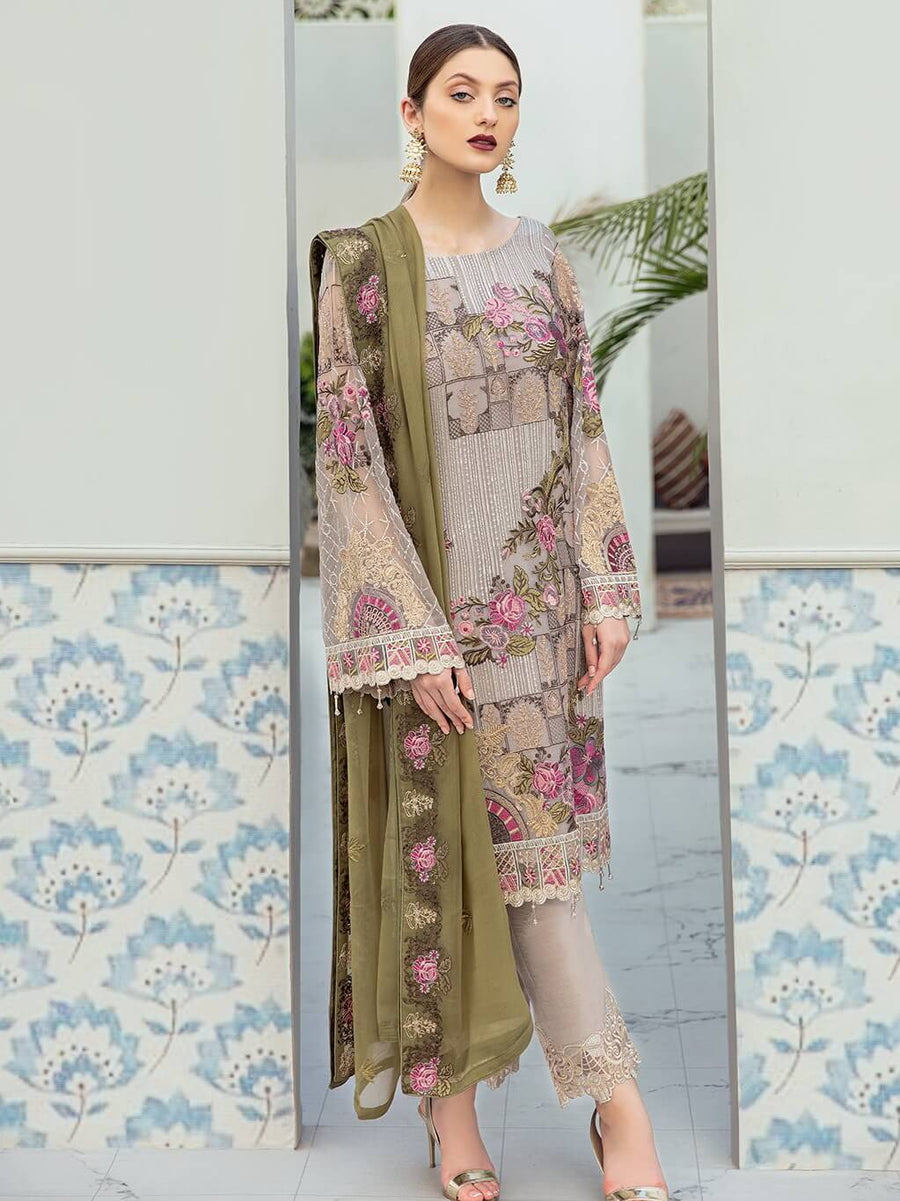Ramsha Rangoon Luxury Chiffon Vol-6 Embroidered 3Pc Suit D-602 - FaisalFabrics.pk