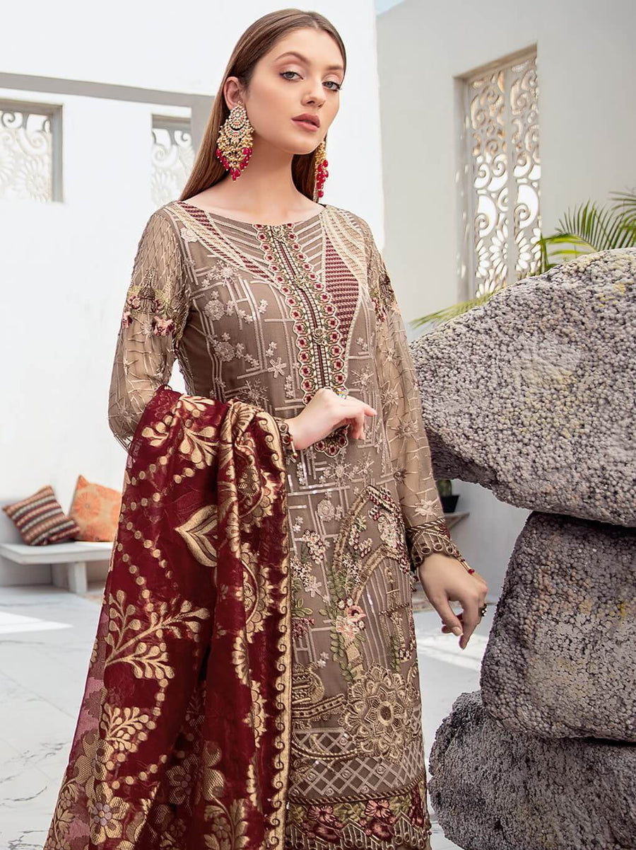 Ramsha Rangoon Luxury Chiffon Vol-6 Embroidered 3Pc Suit D-603 - FaisalFabrics.pk