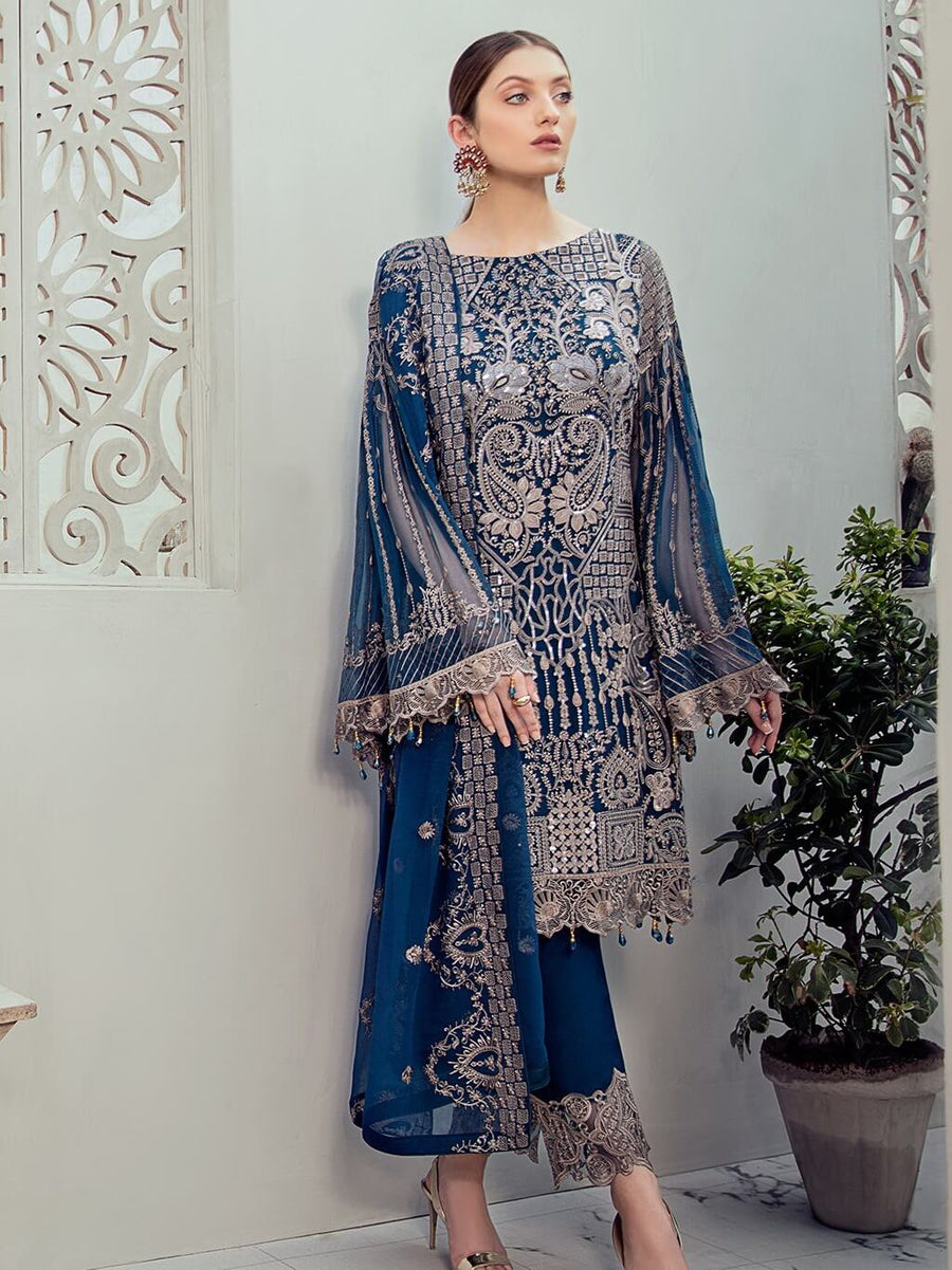 Ramsha Rangoon Luxury Chiffon Vol-6 Embroidered 3Pc Suit D-604 - FaisalFabrics.pk