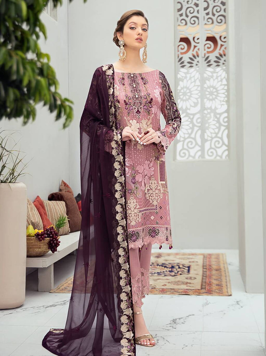 Ramsha Rangoon Luxury Chiffon Vol-6 Embroidered 3Pc Suit D-607 - FaisalFabrics.pk
