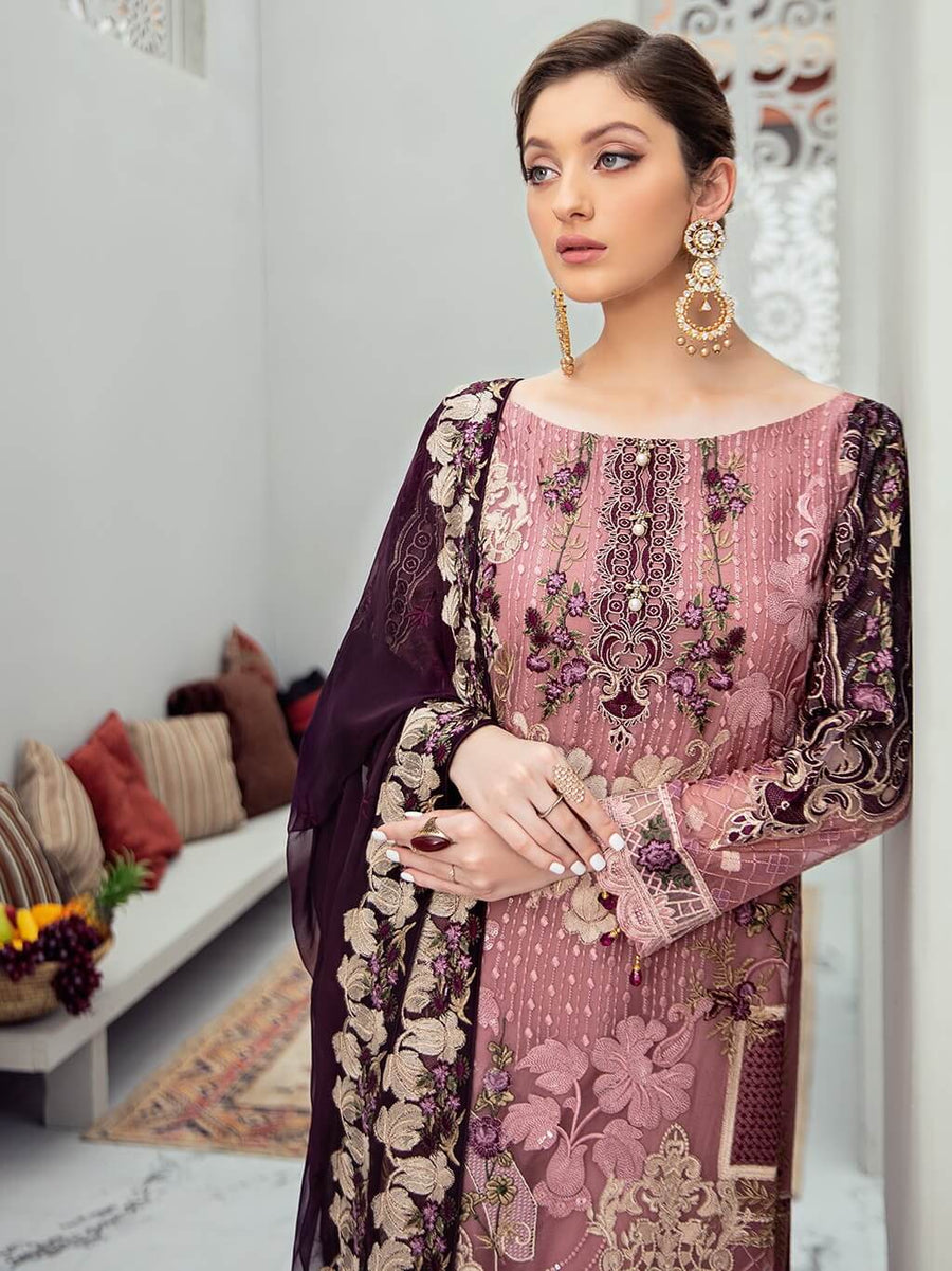 Ramsha Rangoon Luxury Chiffon Vol-6 Embroidered 3Pc Suit D-607 - FaisalFabrics.pk