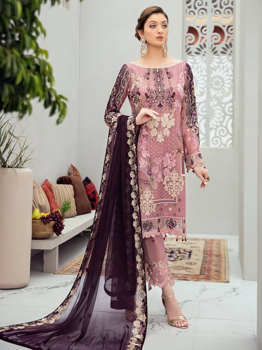 Ramsha Rangoon Luxury Chiffon Vol-6 Embroidered 3Pc Suit D-607 - FaisalFabrics.pk