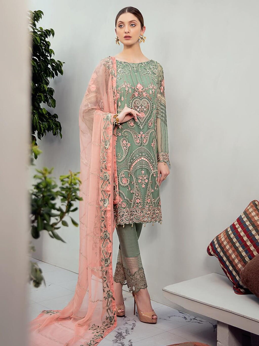 Ramsha Rangoon Luxury Chiffon Vol-6 Embroidered 3Pc Suit D-608 - FaisalFabrics.pk