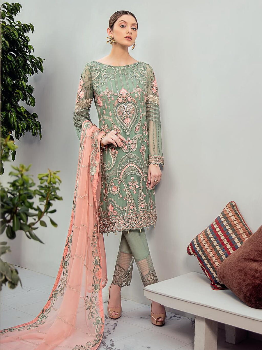 Ramsha Rangoon Luxury Chiffon Vol-6 Embroidered 3Pc Suit D-608 - FaisalFabrics.pk