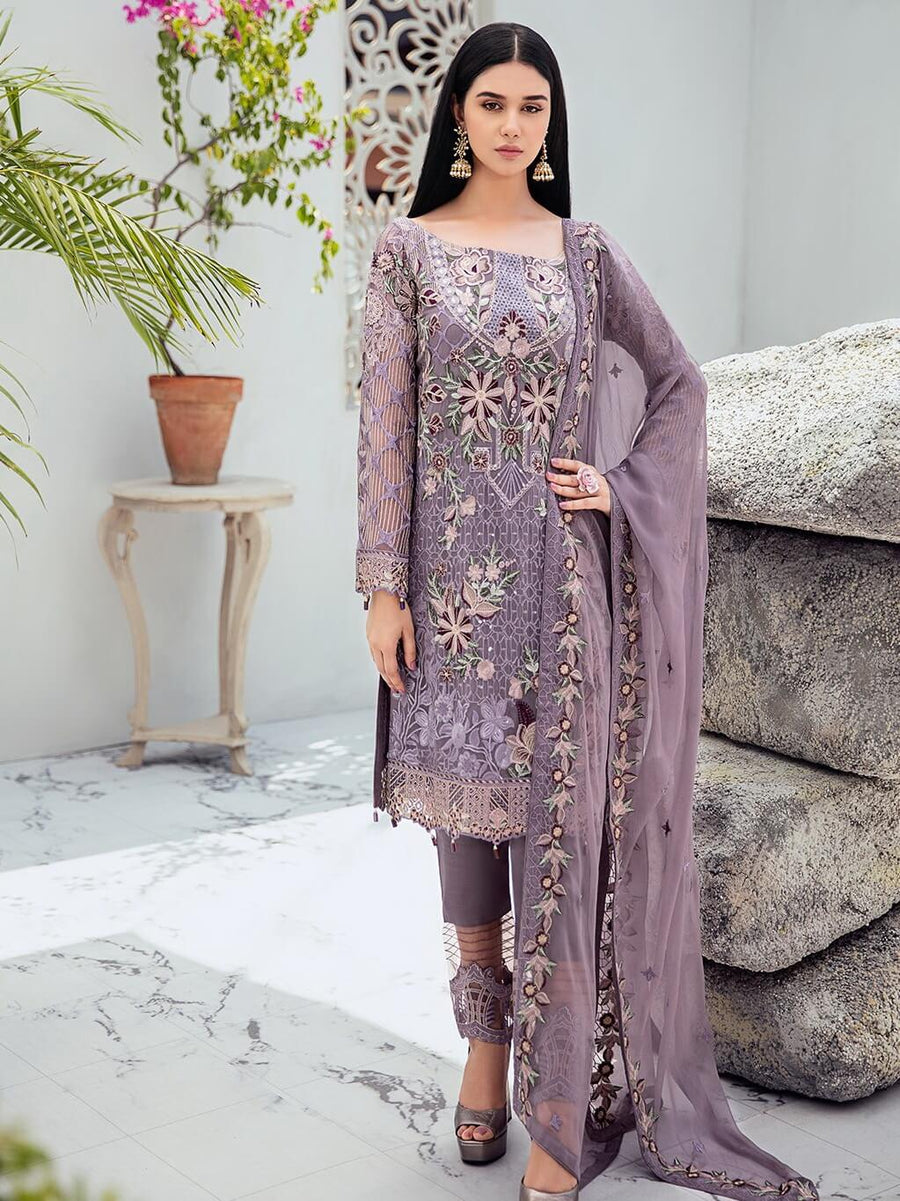 Ramsha Rangoon Luxury Chiffon Vol-6 Embroidered 3Pc Suit D-609 - FaisalFabrics.pk