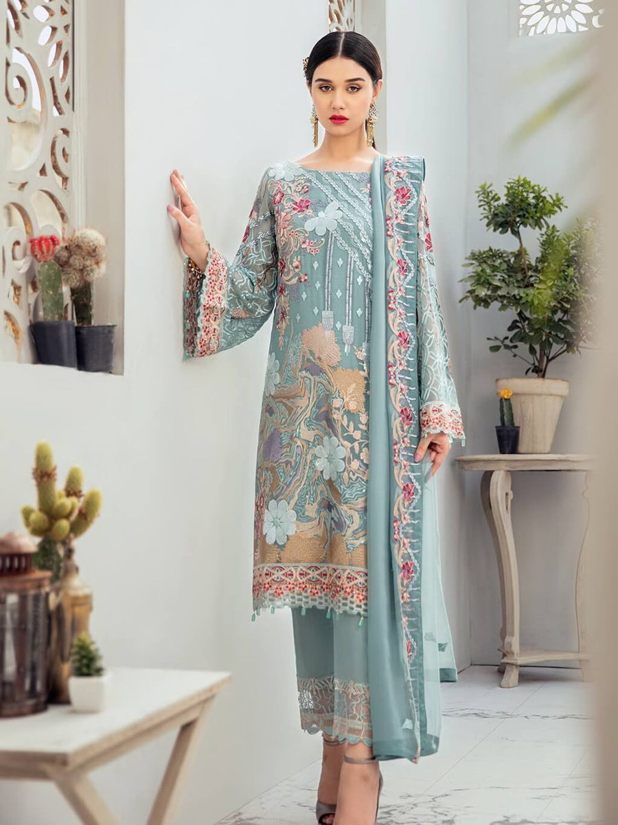 Ramsha Rangoon Luxury Chiffon Vol-6 Embroidered 3Pc Suit D-611 - FaisalFabrics.pk