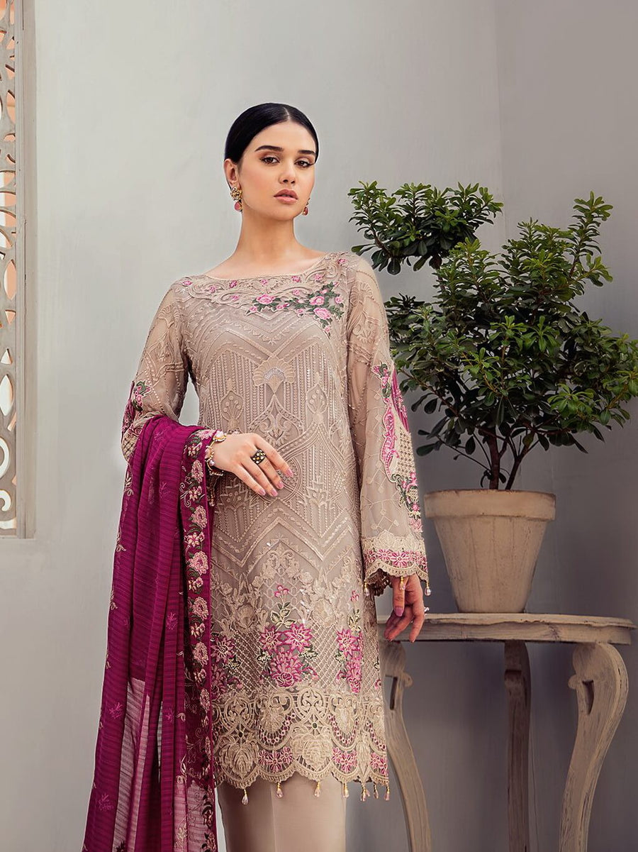 Ramsha Rangoon Luxury Chiffon Vol-6 Embroidered 3Pc Suit D-612 - FaisalFabrics.pk