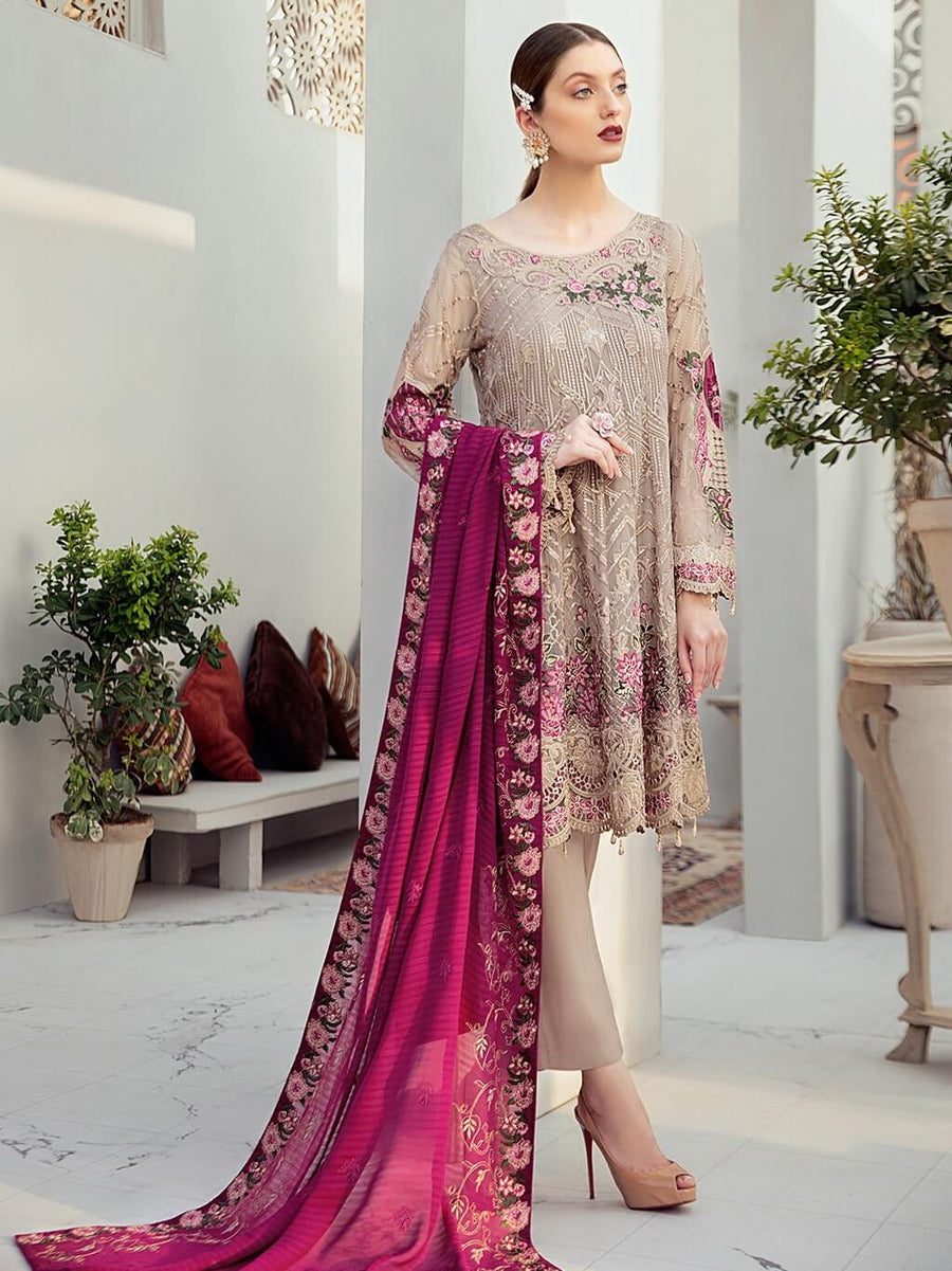 Ramsha Rangoon Luxury Chiffon Vol-6 Embroidered 3Pc Suit D-612 - FaisalFabrics.pk