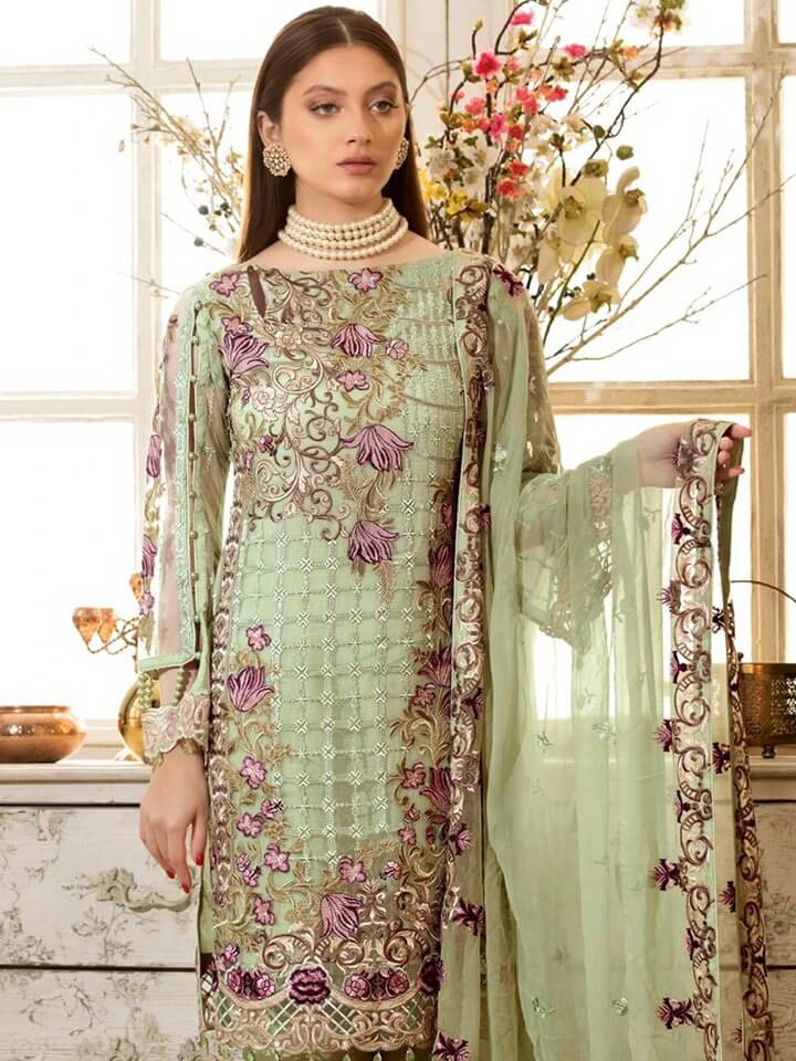 Ramsha Rangoon Luxury Chiffon Vol-4 Embroidered 3Pc Suit D-411 - FaisalFabrics.pk
