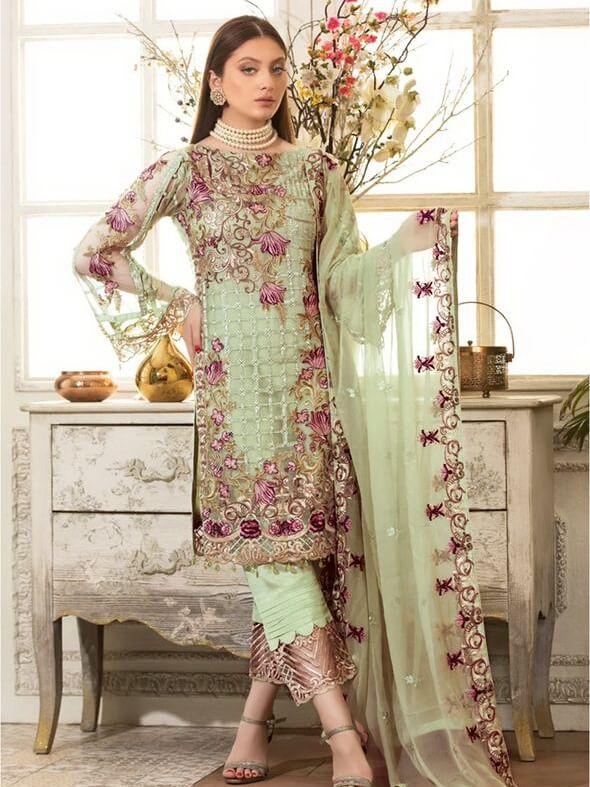 Ramsha Rangoon Luxury Chiffon Vol-4 Embroidered 3Pc Suit D-411 - FaisalFabrics.pk