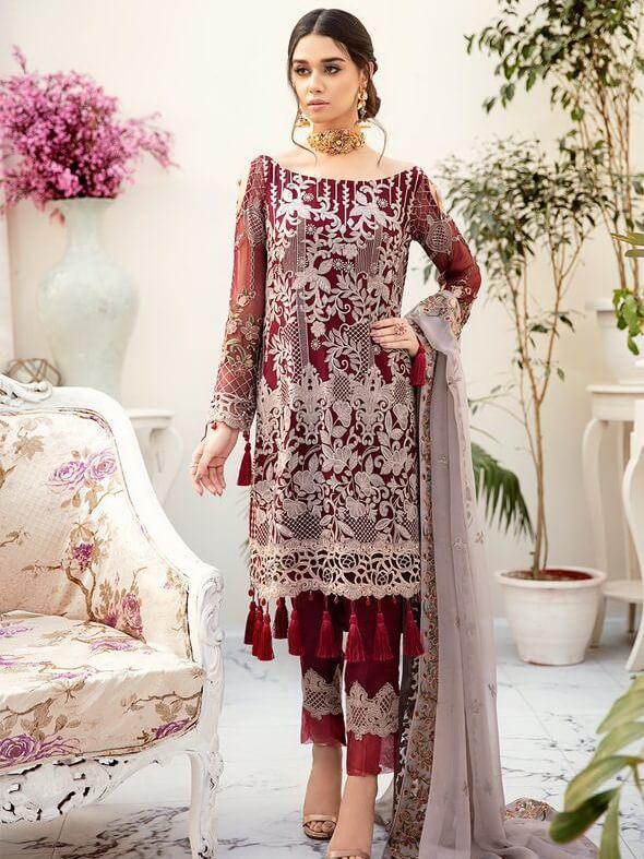Ramsha Rangoon Luxury Chiffon Vol-5 Embroidered 3Pc Suit D-501 - FaisalFabrics.pk