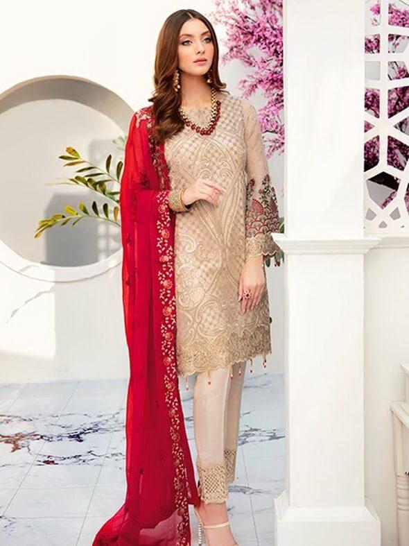 Ramsha Rangoon Luxury Chiffon Vol-5 Embroidered 3Pc Suit D-502 - FaisalFabrics.pk