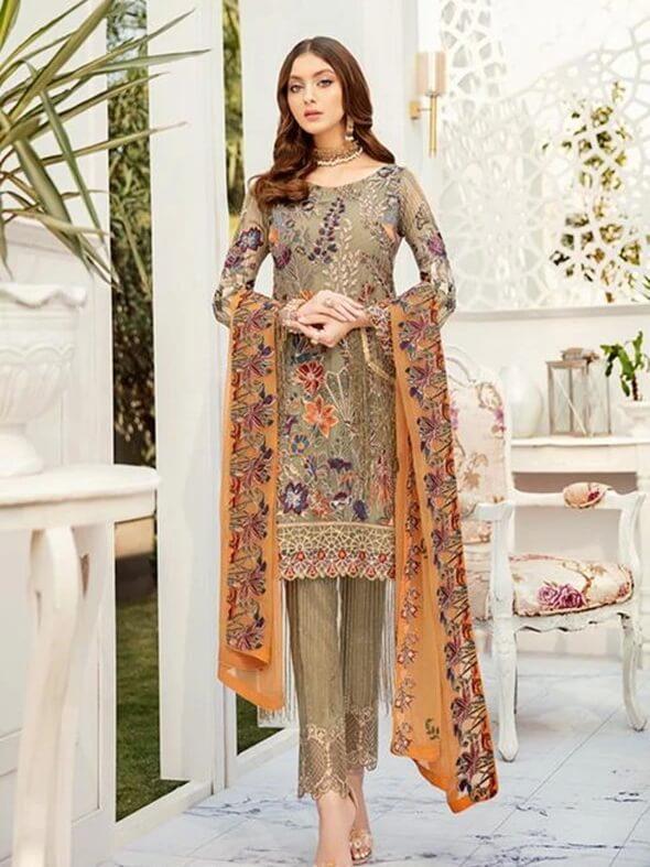 Ramsha Rangoon Luxury Chiffon Vol-5 Embroidered 3Pc Suit D-505 - FaisalFabrics.pk