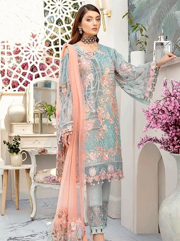 Ramsha Rangoon Luxury Chiffon Vol-5 Embroidered 3Pc Suit D-510 - FaisalFabrics.pk