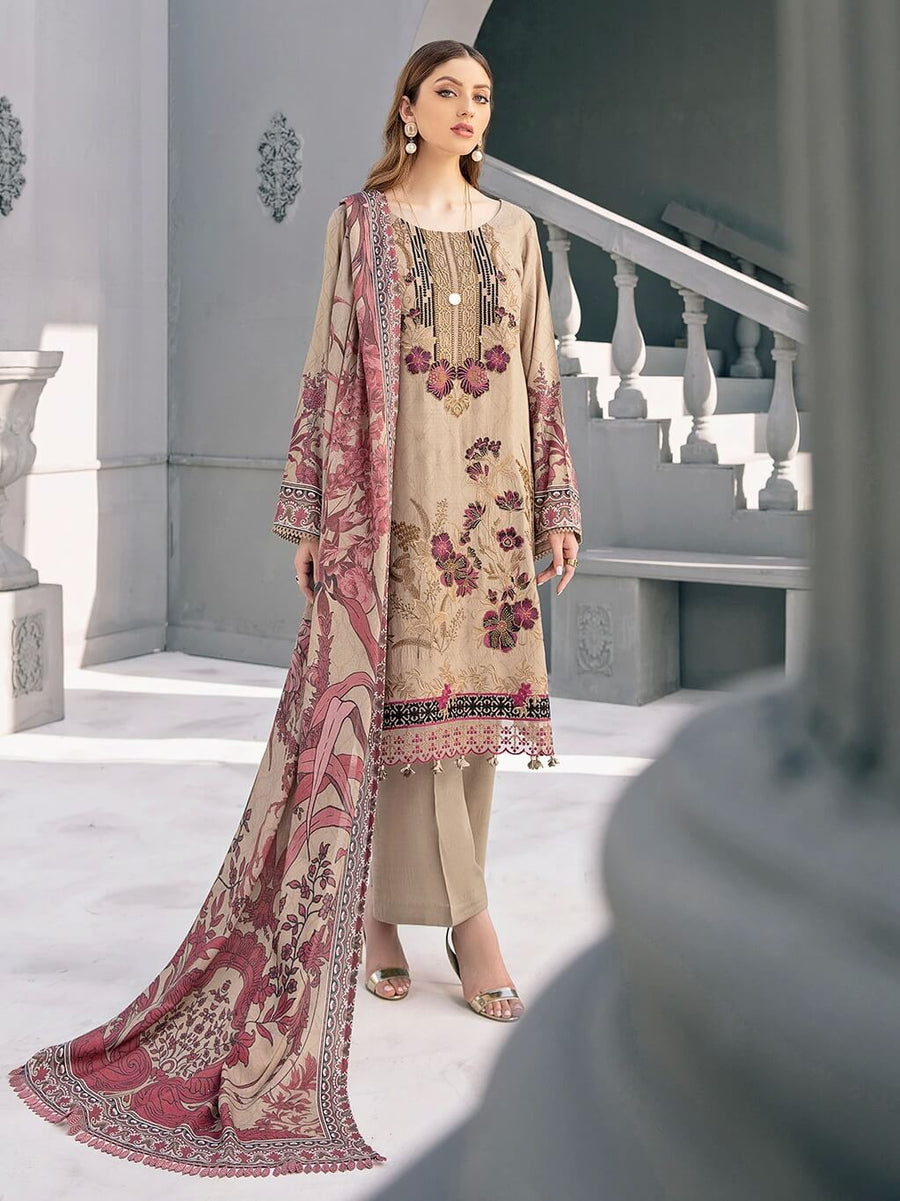 Ramsha Riwayat Luxury Linen Embroidered Unstitched 3Pc Suit R-105 - FaisalFabrics.pk