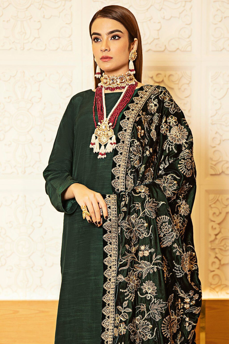Ramsha Raw Silk with Embroidered Velvet Shawl Unstitched 3Pc Suit V-202 - FaisalFabrics.pk