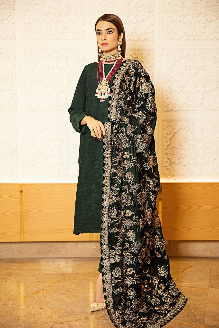 Ramsha Raw Silk with Embroidered Velvet Shawl Unstitched 3Pc Suit V-202 - FaisalFabrics.pk