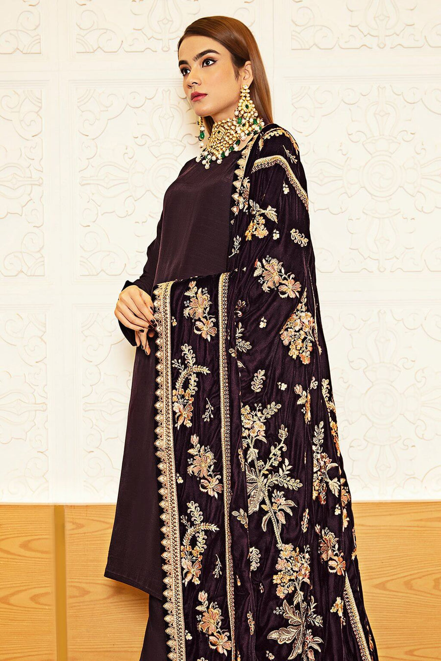 Ramsha Raw Silk with Embroidered Velvet Shawl Unstitched 3Pc Suit V-210 - FaisalFabrics.pk