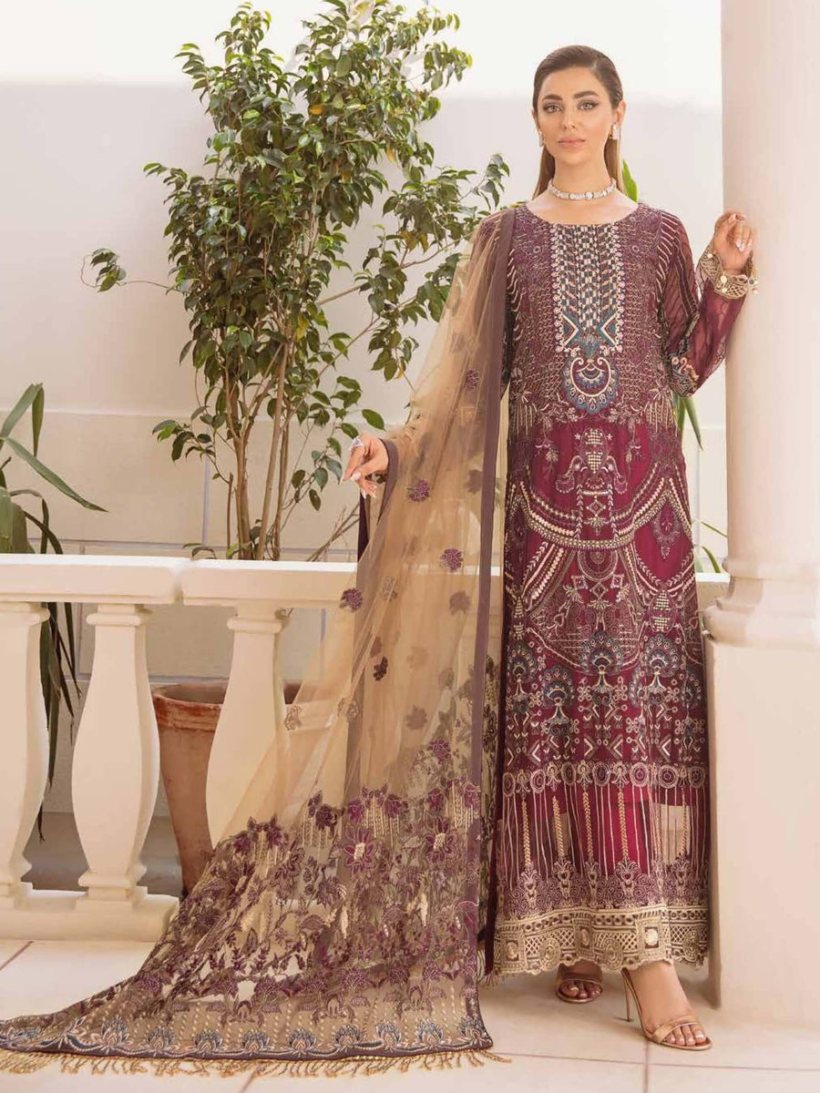 Ramsha Chevron Vol-04 Luxury Chiffon Unstitched 3pc Suit A-401 - FaisalFabrics.pk