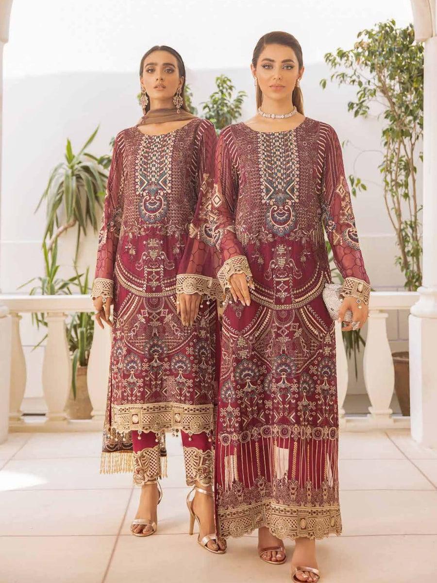 Ramsha Chevron Vol-04 Luxury Chiffon Unstitched 3pc Suit A-401 - FaisalFabrics.pk
