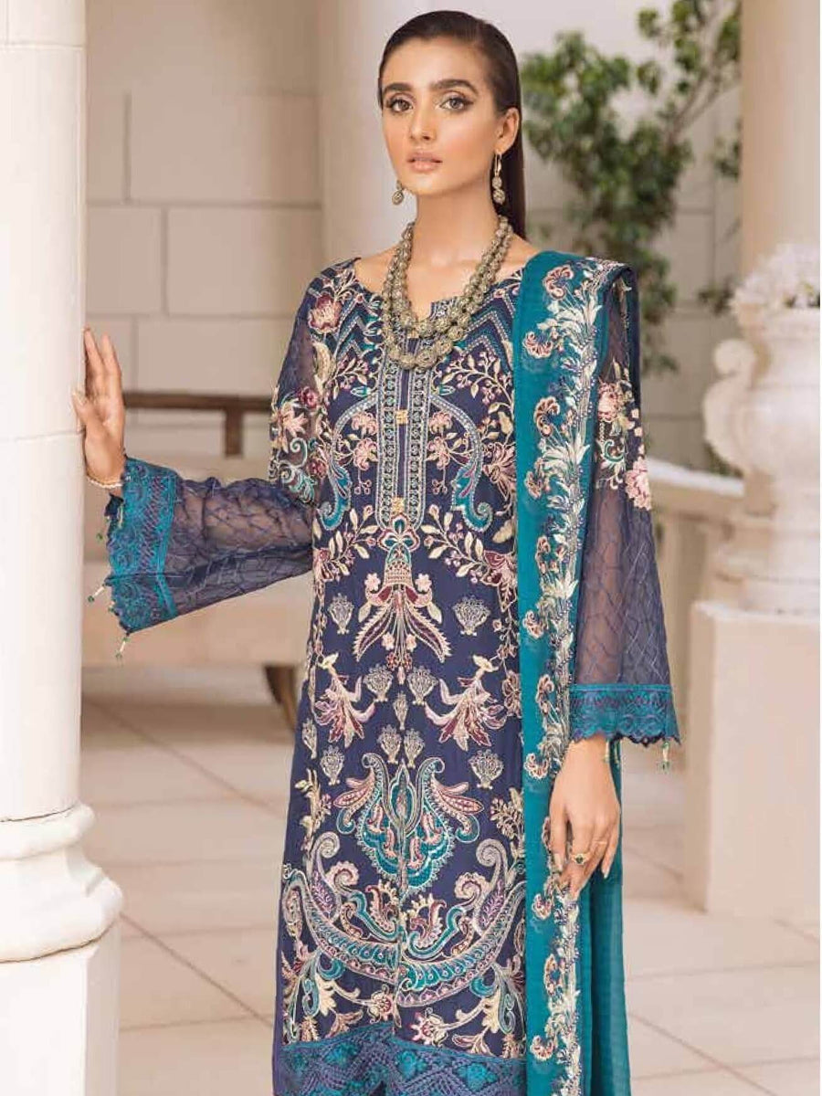 Ramsha Chevron Vol-04 Luxury Chiffon Unstitched 3pc Suit A-403 - FaisalFabrics.pk